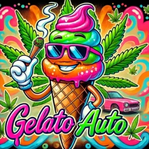 Colorful Gelato Autoflower cannabis-themed cartoon with ice cream character, weed leaves, and joint – MJ Seed Shop
