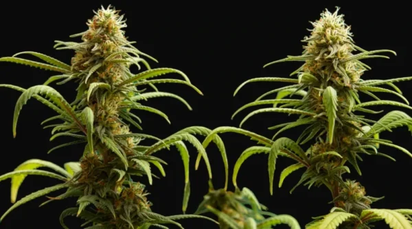 Gorilla Glue #4 Feminized cannabis plants with large resin-coated colas under dark background – MJ Seed Shop