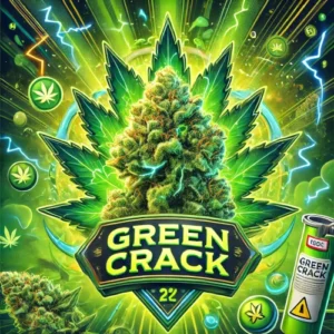 Green Crack Feminized strain artwork with electric green cannabis bud and leaf on MJ Seed Shop