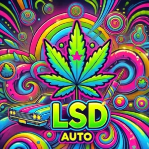 LSD Autoflower cannabis artwork with neon psychedelic colors and marijuana leaf