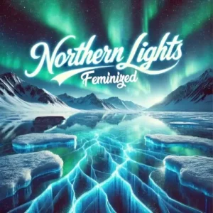 Northern Lights Feminized strain artwork with aurora borealis over icy landscape and stylized typography