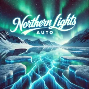 Northern Lights Autoflower strain digital artwork with glowing aurora and icy landscape
