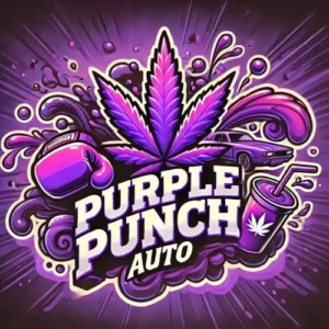 Purple Punch Autoflower strain artwork with purple cannabis leaf, boxing glove, car, and drink splash design