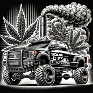 Sour Diesel Autoflower strain artwork with lifted diesel truck, cannabis leaves, and smoke in black and white