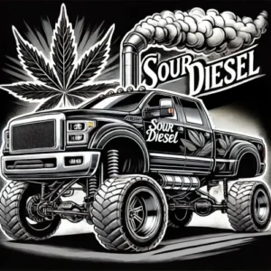 Sour Diesel Feminized strain artwork with lifted truck, cannabis leaf, and smoke illustration