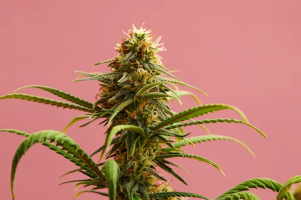 Strawberry Cough Feminized cannabis plant with orange pistils and resin-covered buds against a pink background