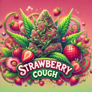 Strawberry Cough Feminized strain artwork with cannabis bud, strawberries, and colorful swirls