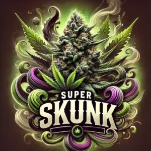 Super Skunk Feminized strain artwork with dense cannabis bud, swirling green and purple accents, and bold text