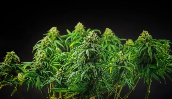Super Skunk Feminized cannabis plant cluster with thick buds and green foliage