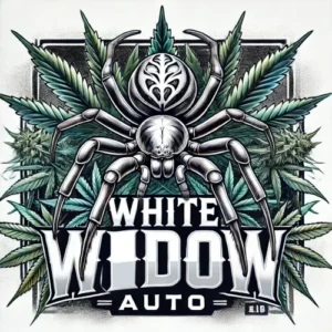 White Widow Autoflower strain artwork with stylized spider and cannabis leaves