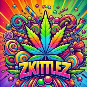 Zkittlez Feminized cannabis strain artwork with rainbow cannabis leaf and candy background