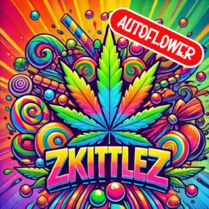Zkittlez Autoflower strain artwork with rainbow cannabis leaf and colorful candy background