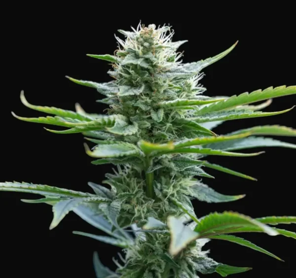Close-up of Maui Wowie Feminized cannabis bud with trichomes on black background