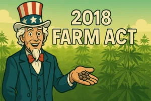 Uncle Sam holding cannabis seeds in front of a hemp field with text 2018 Farm Act