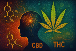 Surreal illustration of the endocannabinoid system with a glowing human silhouette and cannabis leaf